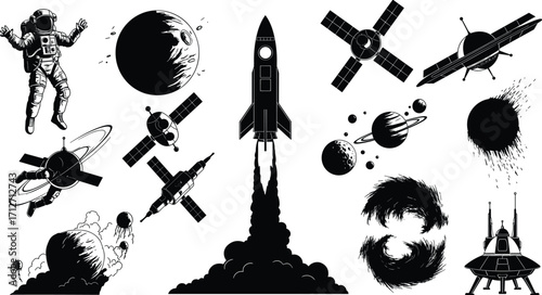 Set of vintage space exploration elements including astronaut, rocket launch, satellites, planets, space station, galaxy, and spacecraft in black and white vector style
