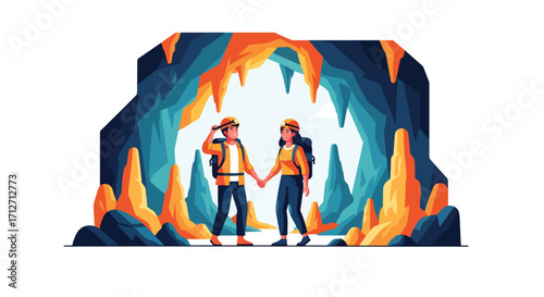Flat style illustration of a couple exploring a cave with helmets and headlamps, symbolizing adventure, teamwork, discovery, and an active lifestyle in nature and underground exploration
