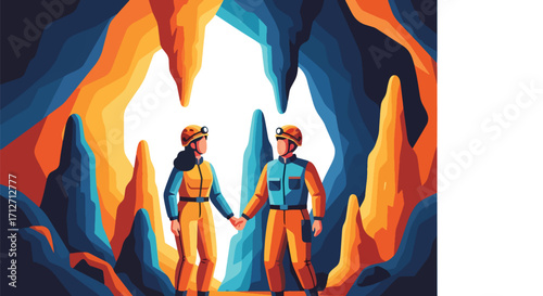 Flat style illustration of a couple exploring a cave with helmets and headlamps, symbolizing adventure, teamwork, discovery, and an active lifestyle in nature and underground exploration