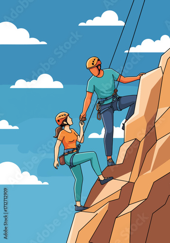Flat style illustration of a couple rock climbing on a cliff with safety gear, symbolizing adventure, teamwork, courage, and an active outdoor lifestyle in a scenic natural environment