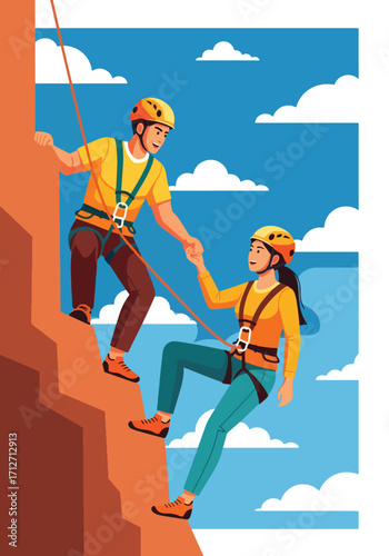 Flat style illustration of a couple rock climbing on a cliff with safety gear, symbolizing adventure, teamwork, courage, and an active outdoor lifestyle in a scenic natural environment