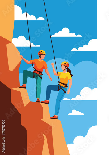 Flat style illustration of a couple rock climbing on a cliff with safety gear, symbolizing adventure, teamwork, courage, and an active outdoor lifestyle in a scenic natural environment