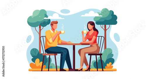 Flat style illustration of a couple enjoying coffee together at an outdoor café table, symbolizing relaxation, conversation, romance, and lifestyle moments in a cozy social setting