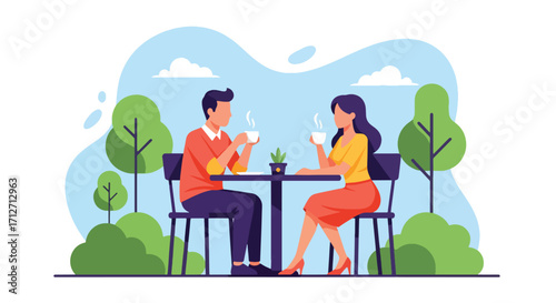 Flat style illustration of a couple enjoying coffee together at an outdoor café table, symbolizing relaxation, conversation, romance, and lifestyle moments in a cozy social setting