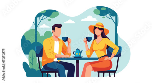 Flat style illustration of a couple enjoying coffee together at an outdoor café table, symbolizing relaxation, conversation, romance, and lifestyle moments in a cozy social setting