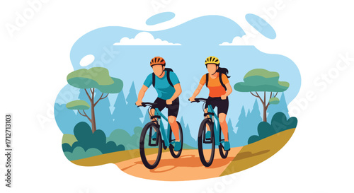 Flat style illustration of a couple riding bicycles on a scenic trail with mountains and trees, symbolizing outdoor adventure, fitness, healthy lifestyle, and active travel in nature