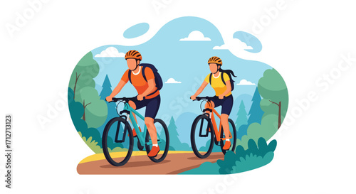 Flat style illustration of a couple riding bicycles on a scenic trail with mountains and trees, symbolizing outdoor adventure, fitness, healthy lifestyle, and active travel in nature