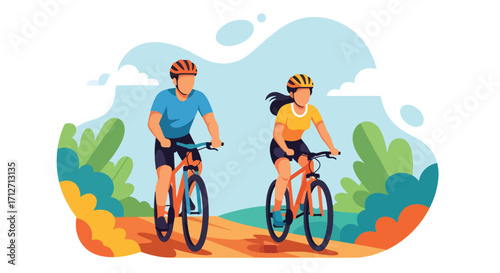Flat style illustration of a couple riding bicycles on a scenic trail with mountains and trees, symbolizing outdoor adventure, fitness, healthy lifestyle, and active travel in nature