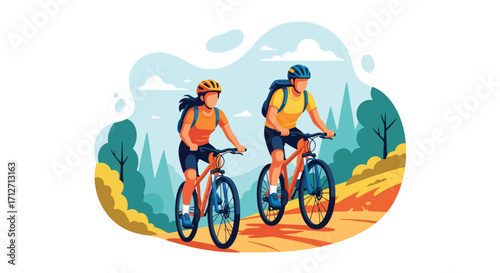 Flat style illustration of a couple riding bicycles on a scenic trail with mountains and trees, symbolizing outdoor adventure, fitness, healthy lifestyle, and active travel in nature