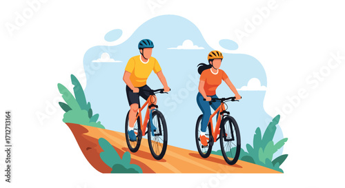 Flat style illustration of a couple riding bicycles on a scenic trail with mountains and trees, symbolizing outdoor adventure, fitness, healthy lifestyle, and active travel in nature