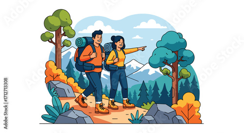 Flat style illustration of a couple hiking in the mountains with backpacks, surrounded by trees and rocks, symbolizing adventure, exploration, travel, and outdoor lifestyle in nature