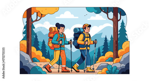 Flat style illustration of a couple hiking in the mountains with backpacks, surrounded by trees and rocks, symbolizing adventure, exploration, travel, and outdoor lifestyle in nature