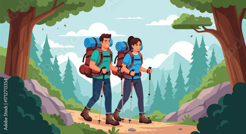 Flat style illustration of a couple hiking in the mountains with backpacks, surrounded by trees and rocks, symbolizing adventure, exploration, travel, and outdoor lifestyle in nature