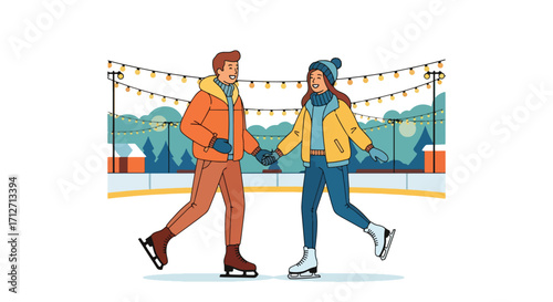 Flat style illustration of a couple ice skating together at an outdoor rink decorated with string lights, symbolizing romance, winter fun, holiday spirit, and joyful seasonal activities