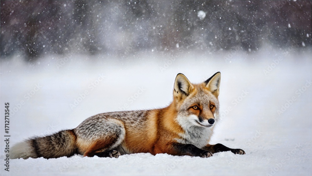 Fototapeta premium Red Fox Resting in Falling Snow White Winter Landscape Thick Fur Bushy Tail Serene Wildlife