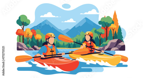 Flat style illustration of a couple kayaking on a river surrounded by mountains, trees, and rocks, symbolizing outdoor adventure, teamwork, travel, and an active lifestyle in nature