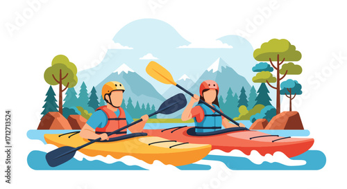 Flat style illustration of a couple kayaking on a river surrounded by mountains, trees, and rocks, symbolizing outdoor adventure, teamwork, travel, and an active lifestyle in nature