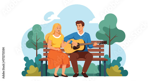 Flat style illustration of a couple sitting on a park bench, with the man playing guitar and the woman singing, symbolizing romance, relaxation, music, and joyful outdoor moments