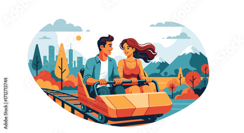 Flat style illustration of a couple riding a roller coaster in an amusement park with city skyline and mountains in the background, symbolizing fun, adventure, and leisure