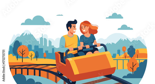 Flat style illustration of a couple riding a roller coaster in an amusement park with city skyline and mountains in the background, symbolizing fun, adventure, and leisure