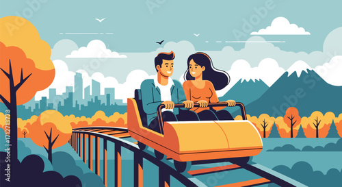 Flat style illustration of a couple riding a roller coaster in an amusement park with city skyline and mountains in the background, symbolizing fun, adventure, and leisure