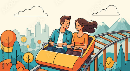 Flat style illustration of a couple riding a roller coaster in an amusement park with city skyline and mountains in the background, symbolizing fun, adventure, and leisure