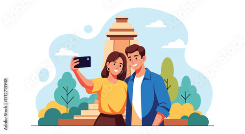 Flat style illustration of a couple taking a selfie with a smartphone in front of a monument surrounded by trees, symbolizing travel, tourism, memories, and outdoor leisure