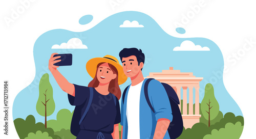 Flat style illustration of a couple taking a selfie with a smartphone in front of a monument surrounded by trees, symbolizing travel, tourism, memories, and outdoor leisure