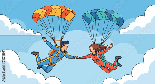 Flat style illustration of a couple skydiving with parachutes, holding hands in the sky, symbolizing adventure, extreme sports, freedom, teamwork, and exciting travel experiences