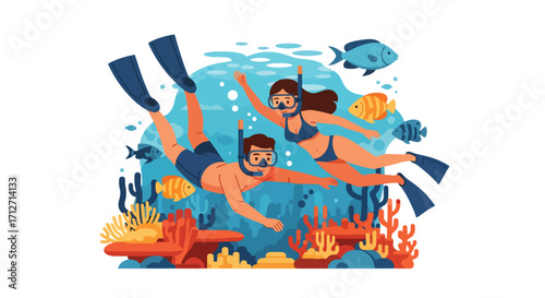 Flat style illustration of a couple snorkeling underwater among coral reefs and tropical fish, representing vacation, marine adventure, and summer leisure in a beautiful ocean environment