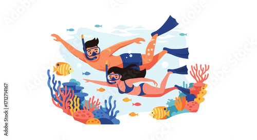 Flat style illustration of a couple snorkeling underwater among coral reefs and tropical fish, representing vacation, marine adventure, and summer leisure in a beautiful ocean environment