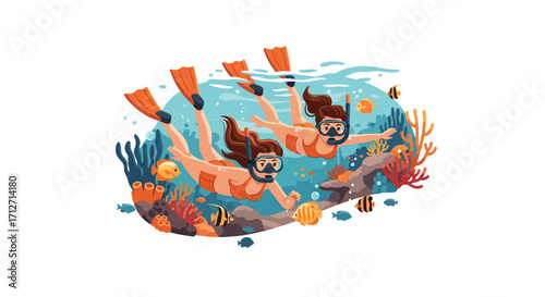 Flat style illustration of a couple snorkeling underwater among coral reefs and tropical fish, representing vacation, marine adventure, and summer leisure in a beautiful ocean environment