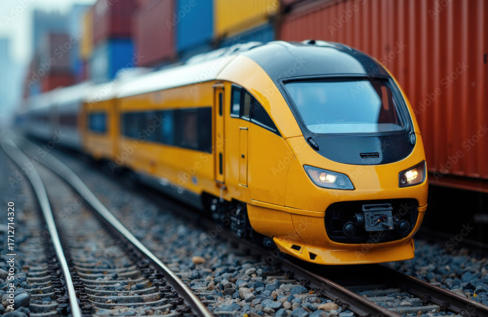 Fototapeta premium High-speed yellow train traveling on railway tracks in an industrial area