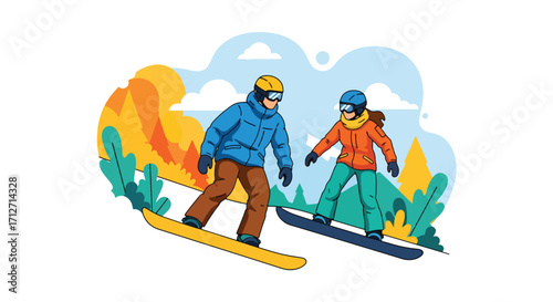 Flat style illustration of a couple snowboarding down a mountain slope, enjoying winter sports, adventure, and outdoor fun in a scenic snowy landscape with pine trees and peaks