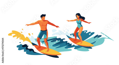 Flat style illustration of a couple man and woman surfing ocean waves on surfboards, representing summer adventure, active lifestyle, vacation fun, and outdoor water sports for travel and leisure