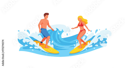 Flat style illustration of a couple man and woman surfing ocean waves on surfboards, representing summer adventure, active lifestyle, vacation fun, and outdoor water sports for travel and leisure