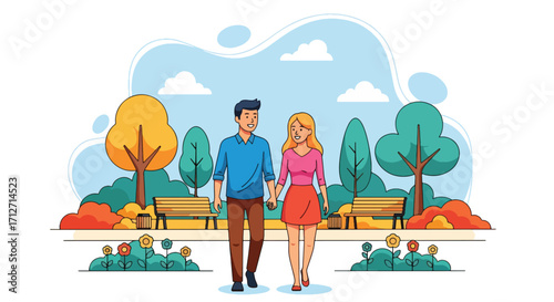 Flat style illustration of a young couple holding hands while walking in a park with trees, benches, and flowers, representing love, leisure, and togetherness in a peaceful outdoor setting