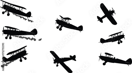 Silhouette Biplane Aircraft Vector Set with Smoke Trails – Classic Vintage Airplanes Flying and Performing Aerobatics in Retro Aviation Style Illustration Design
