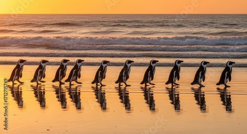 A row of penguins walks along a beach during sunset