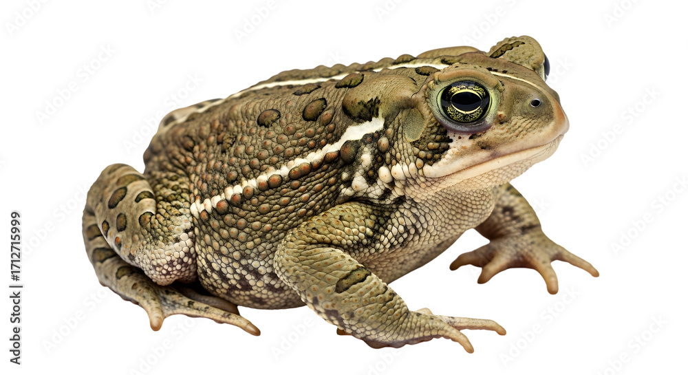 Fototapeta premium A close-up profile of a bumpy brown and green toad with a light stripe down its back, isolated on a white background.