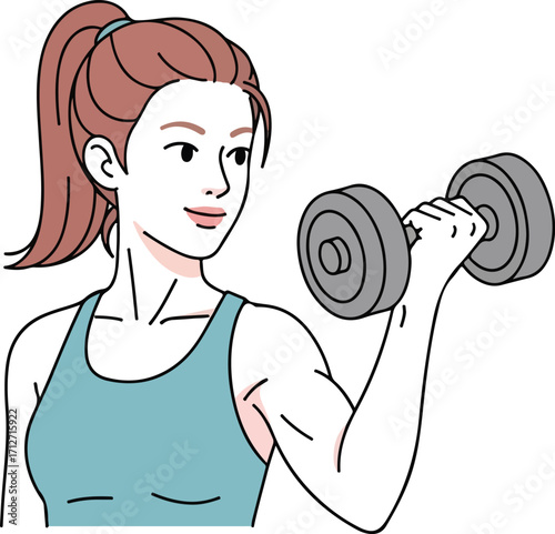 Woman lifting dumbbell for bicep curl exercise on white background fitness