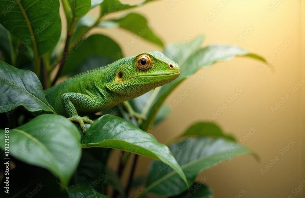Fototapeta premium Green gecko perched on leafy plant with blurred background