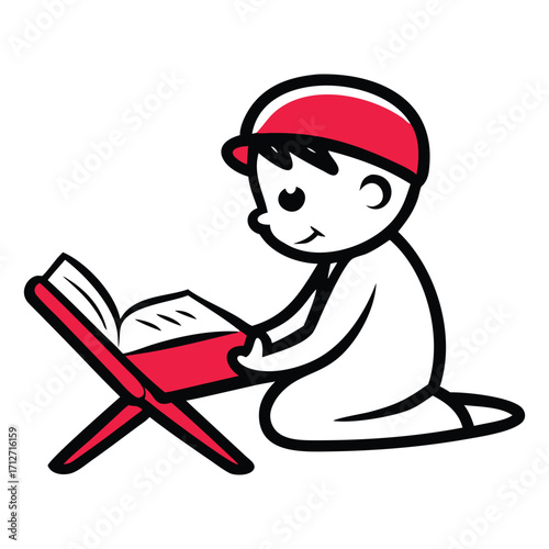 Charming cartoon illustration of a young muslim boy wearing a red cap kneeling and attentively reading the holy quran from a red wooden book stand symbolizing education and faith