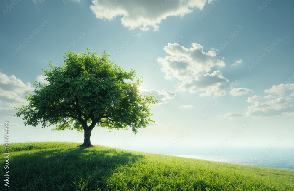 Fototapeta premium A solitary green tree stands on a grassy hill under a bright sky with scattered clouds