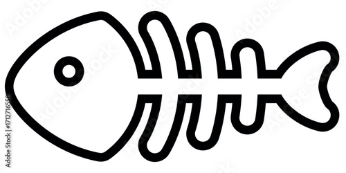 fish skeleton silhouette shape, black and white cartoon illustration isolated on white