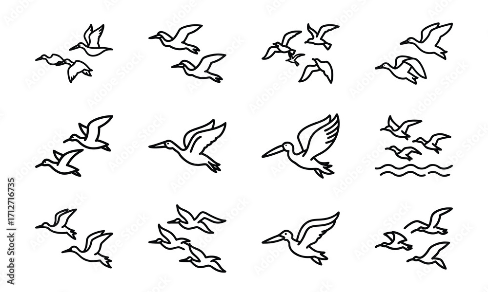 Fototapeta premium Collection of Bird Silhouettes in Line Art Style – Flying Birds, Pairs of Birds, Flocks, and Individual Bird Icons on White Background