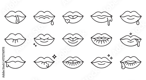 Assorted black and white line art icons of lips with dripping and sparkling effects