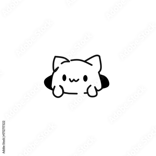 Cute minimalist cat illustration peeking out from a hole, simple black and white line art design, perfect for stickers, kawaii art, icons, or playful graphic concepts.