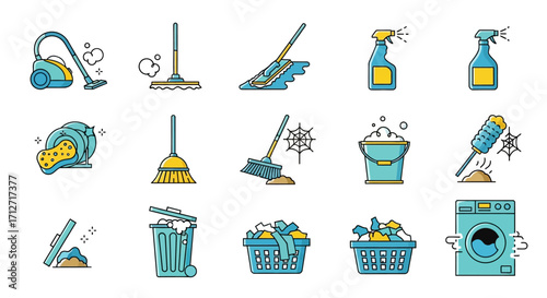 Housekeeping and cleaning services icon collection featuring domestic tools like mops, brooms, and laundry symbols for a cleanliness concept