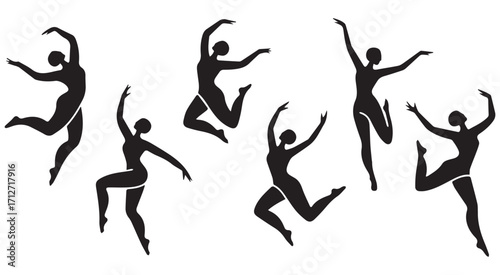Energetic black silhouettes of ballet dancers in mid-air poses